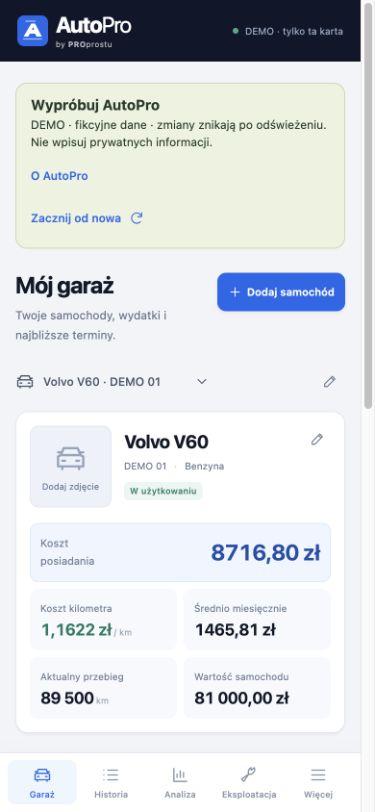 Mobilny garaż AutoPro z przyciskami dodawania tankowania, wydatku i przebiegu